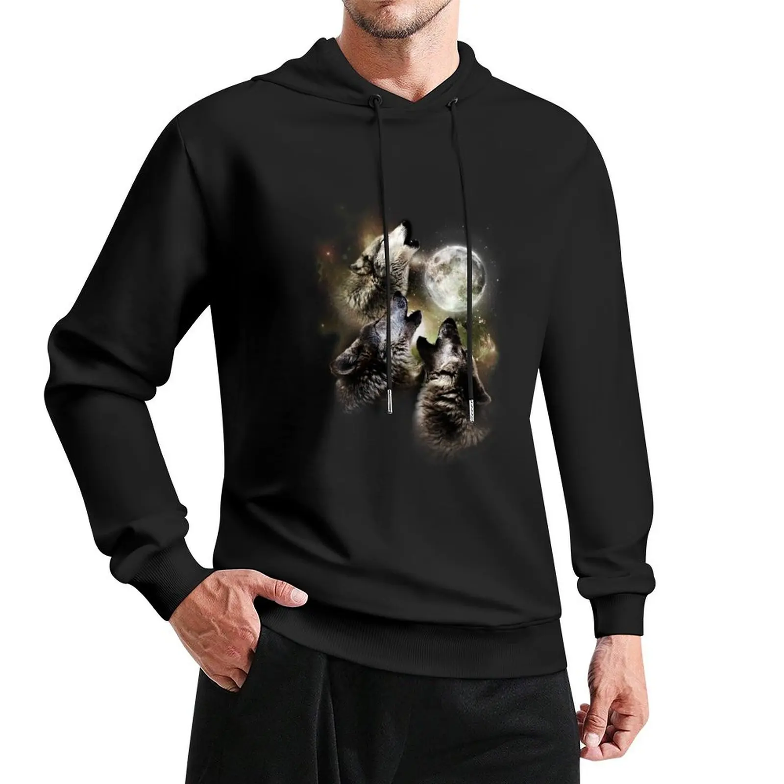 

Three wolves howling at the moon Pullover Hoodie mens clothing autumn japanese style korean autumn clothes autumn hoodie