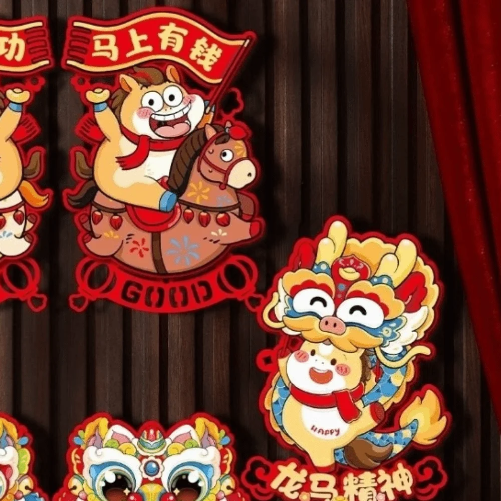 1 pair Chinese Style Zodiac Horse Wall Stickers Cartoon Paper 2026 New Year Door Decals Blessing Traditional Blessing Sticker