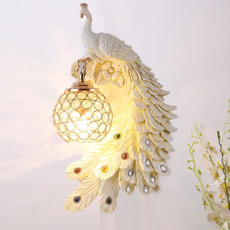 SANDYHA Peacock Bird Wall Lamp Color Resin Bracket Lighting Stairs Living Room Bedroom Bed Home Decorate Indoor Sconce Luminaire