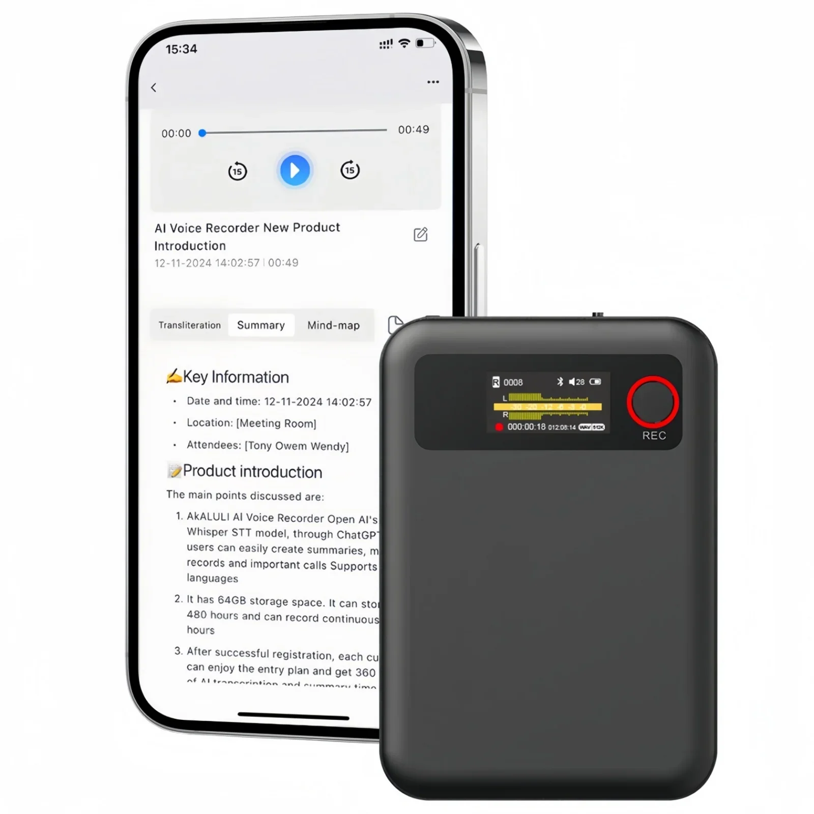 

App-Controlled Noise Reduction for Metting Smart Voice Recorder with Ai Auto-Transcribe & Chatgpt Summary - 64Gb Memory
