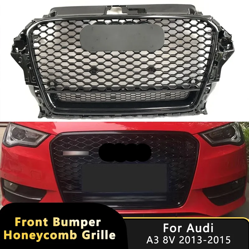 Grelha Frontal Honeycomb para Audi A3 8V 2013-2015, Grelha de Para-choque Brilhante Preta Estilo RS3 com Quattro, Grelhas de Corrida de Alta Qualidade