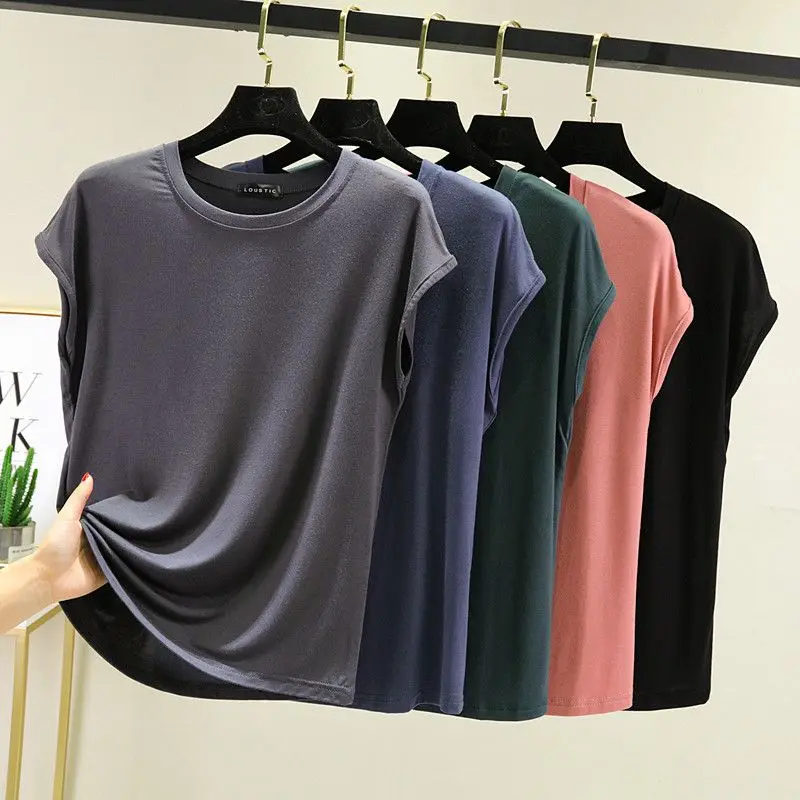 

Modal Woman Sleeveless Bottoming T-shirts Summer Solid Female Clothing Tees Versatile Fashion Casual Basic Round Neck Loose Tops