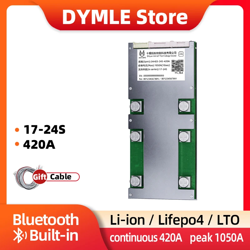 

ANT Smart BMS 17-24S Li-ion Lifepo4 Lto Battery 48V 60V 72V Continuous 420A peak 1050A Smart Balance Board BT Built-in 19S 21S