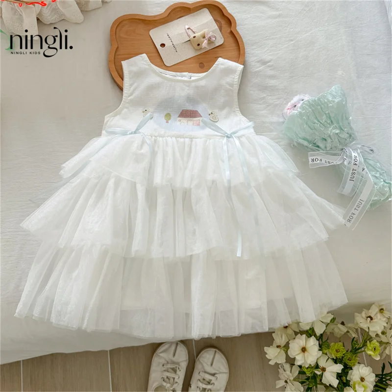 

Children's Clothing25Summer New Girls' Cartoon Sleeveless Mesh Patchwork Princess Dress