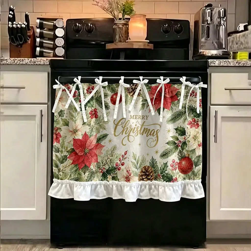2D Flat, 1pc Farmhouse Kitchen Stove Oven Valance Curtain, 2D Print Merry Christmas Floral Pattern Print Dishwasher Microwaves Cabinet Kitchen Sink Multi Functional Protective Curtain, Kitchen Decoration, Perfect Festival Gift