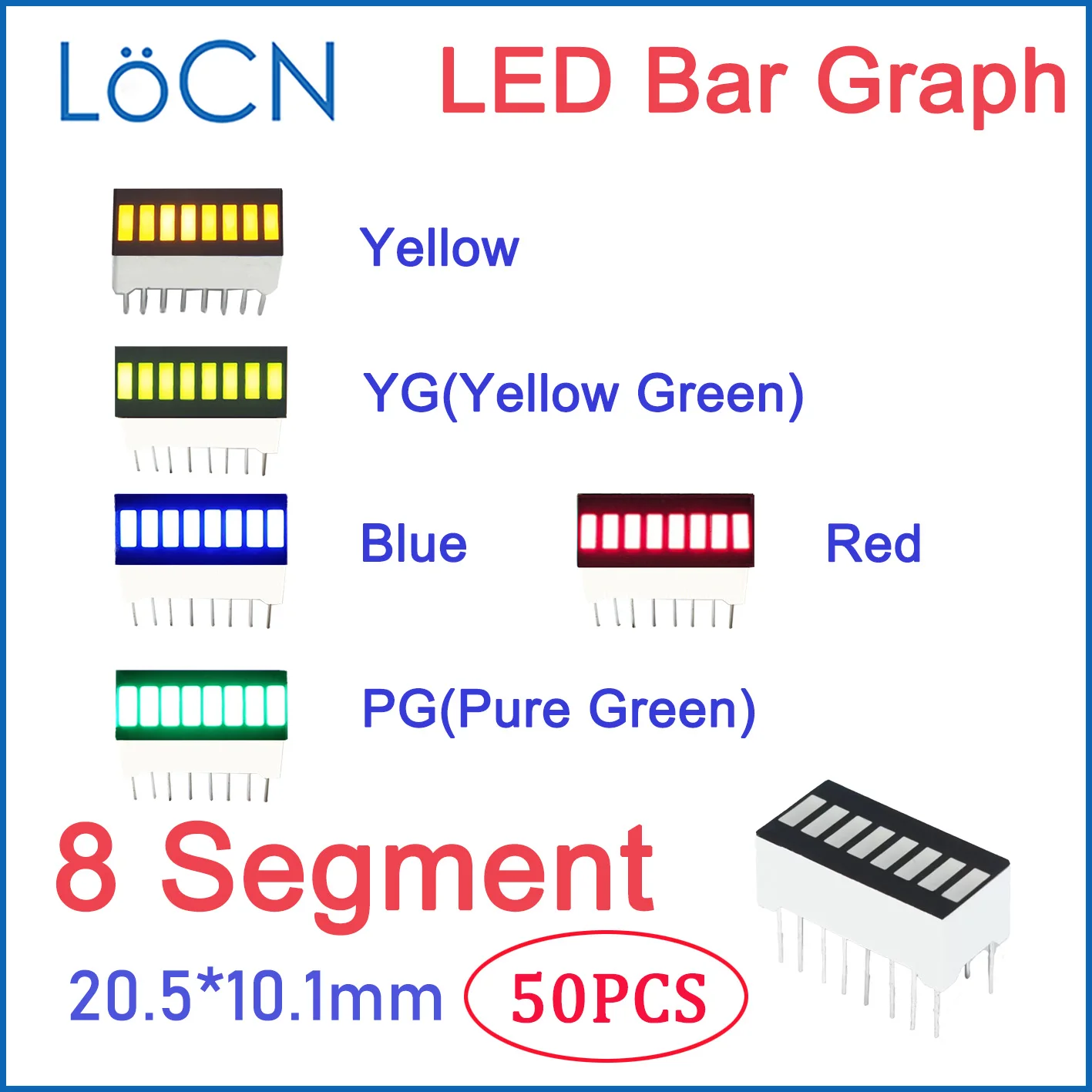 50pcs LED Display Bargraph Light 8 segment RED BLUE YELLOW PURE GREEN single color digital tube board DIY module Ultra Bright