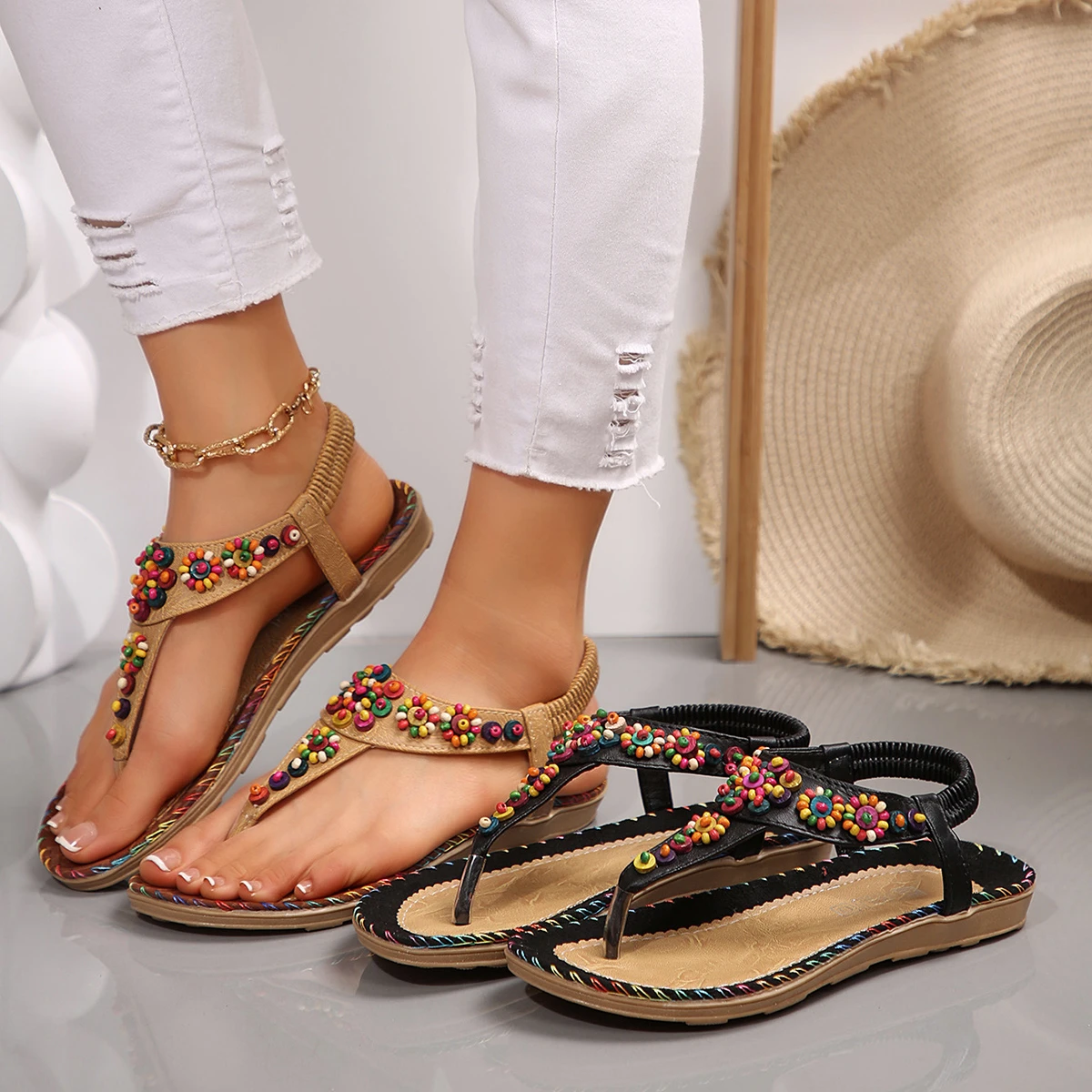 Women Flat Sandals 2026 New Summer Bohemia Flat Shoes Colorful Beaded Open Toe Rome Woman Beach Shoes Women Flip Flops Sandals