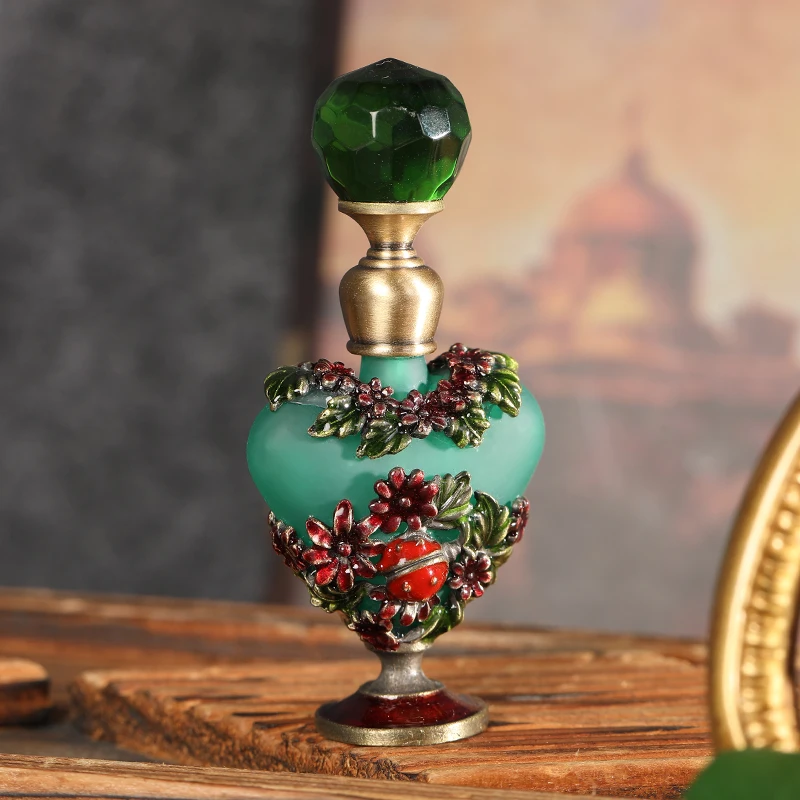 Vintage Glass Perfume Bottles Heart Empty Refillable 5ml Fragrance Containers Retro Frosted Green With Red Flower Leaves Pattern