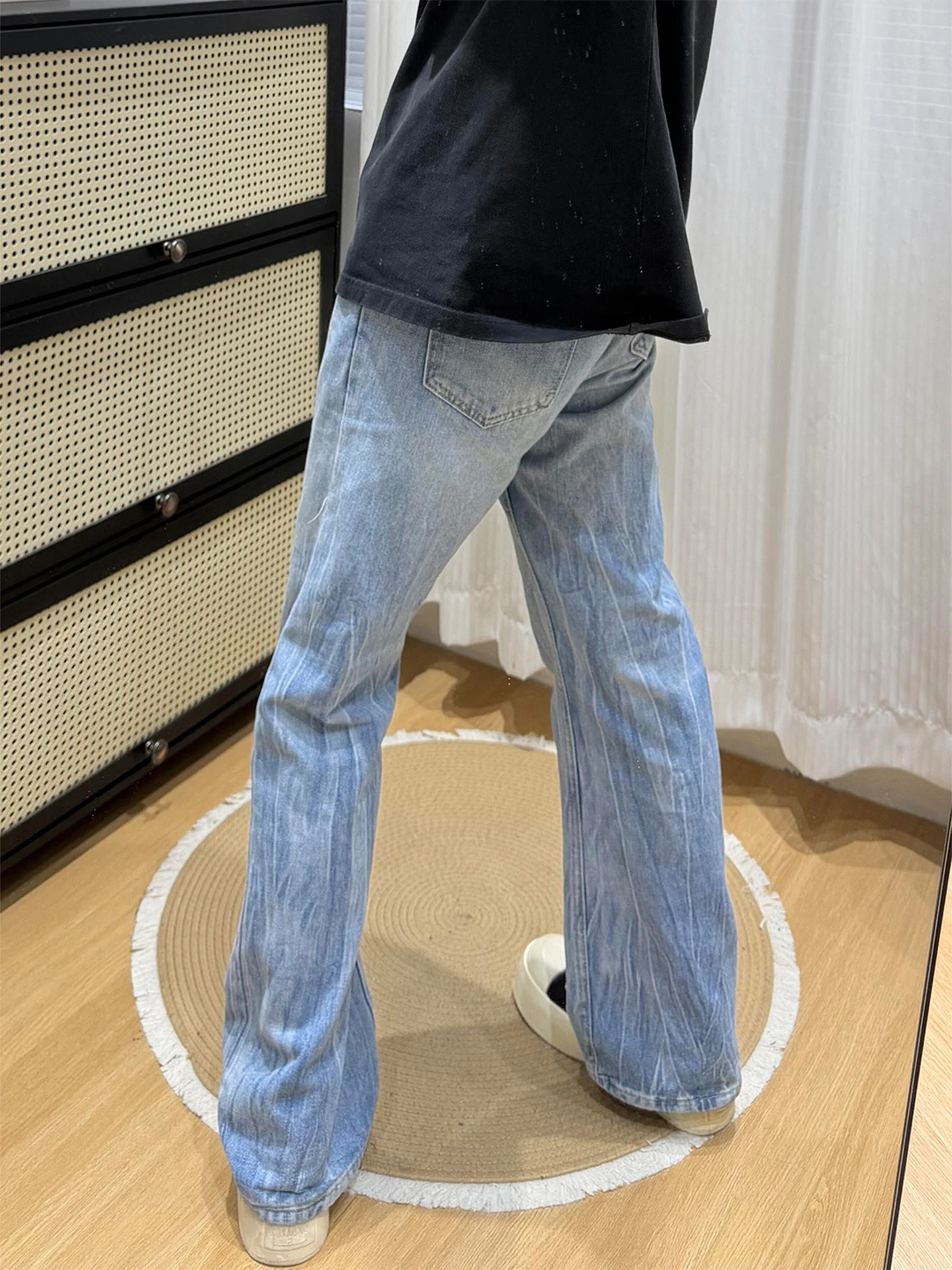 

Мужские джинсы синего цвета с узором в виде молнии, прямого кроя, слегка расклешенные, длинные брюки, стиль Cleanfit, американский уличный стиль, хлопок, полиэстер