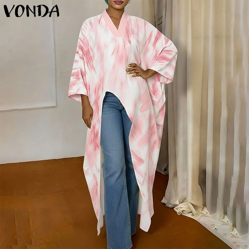 

VONDA Summer Spring Women Long Blouses Print Tops Female Tee Plus Size Blouse Aymmetric Hem V Neck Asymmetrical Hem Streetwear