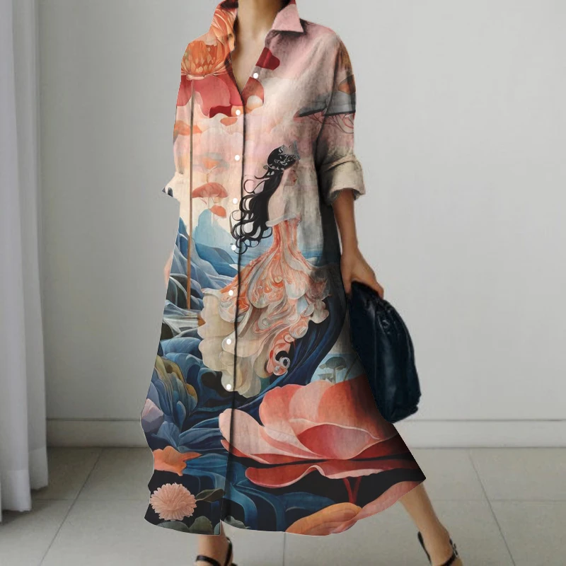 Japanese Wave Print Autumn Long-sleeved Shirt Dress Street Fashion Single-breasted Knee-length Skirt Loose And Comfortable