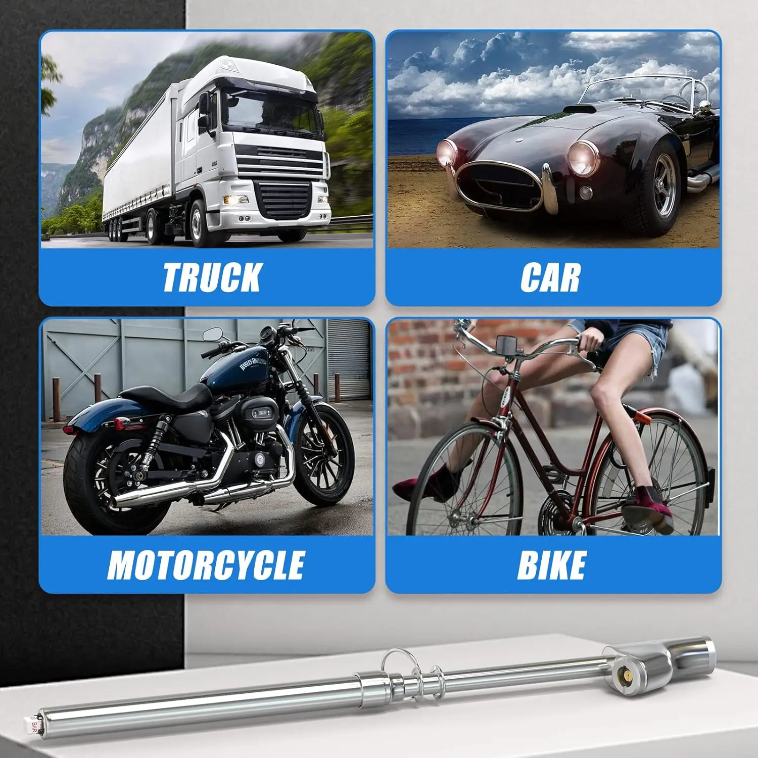 مقياس ضغط الإطارات من النوع المستقيم المزدوج الفضي، مقياس ضغط الهواء المزدوج الرأس 10 قطع، نطاق الضغط 10-150 رطل لكل بوصة مربعة · جودة البيع الساخن #6