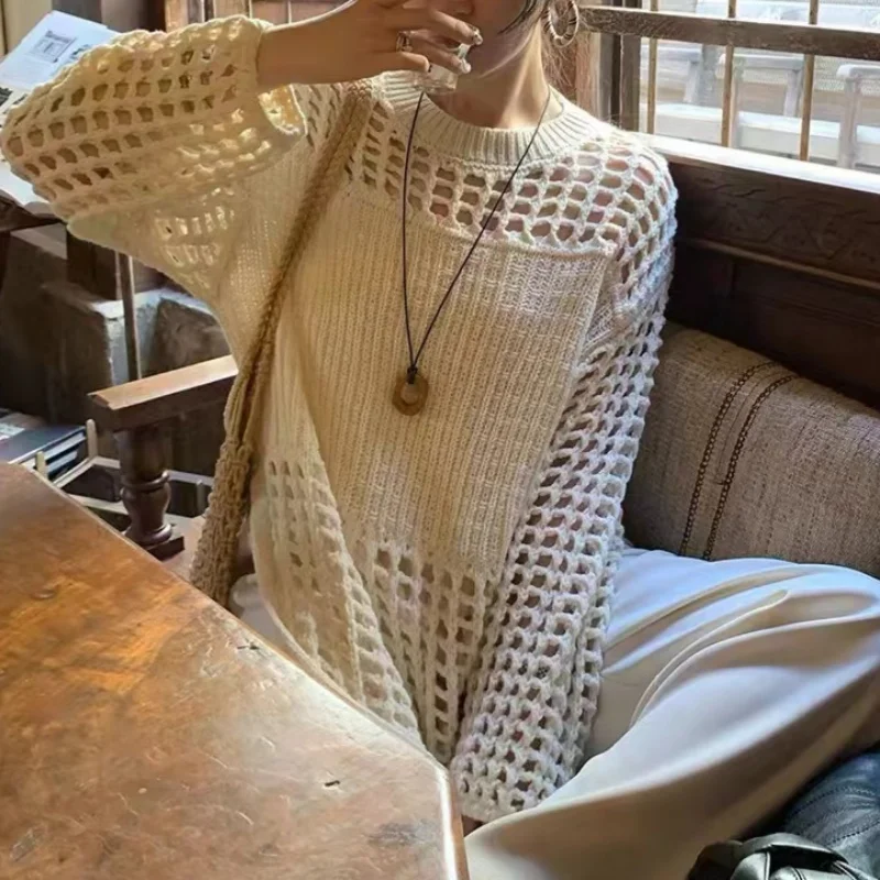 Solid Color Knitting Dress Fashion Summer Dresses 2024 Loose Casual Temperament Hollow Out Sweater O-neck Split Women New