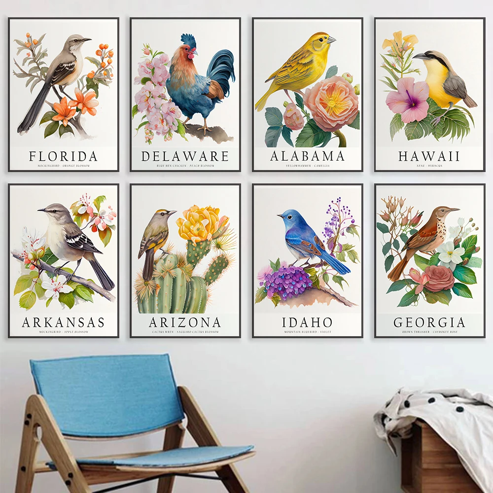 Arizona Arkansas Hawaii Alabama State Bird Flower Poster Print Wall Art Pictures Canvas Painting Living Room Bedroom Home Decor