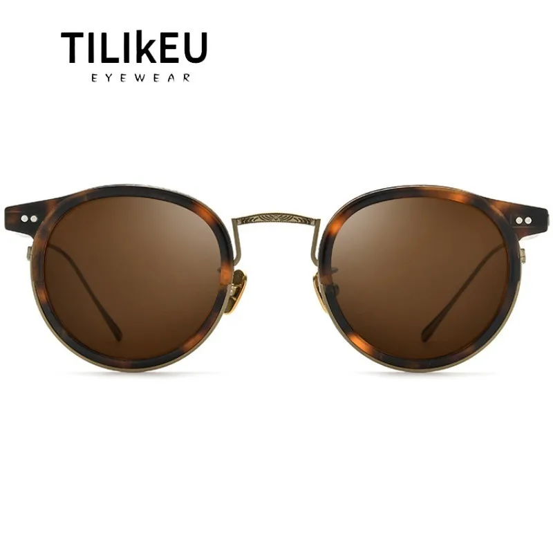 Vintage Leopard Print Acetate Titanium Round Sunglasses Classic Retro Men and Women Outdoor Driving Polarized Sun Glasses UV400