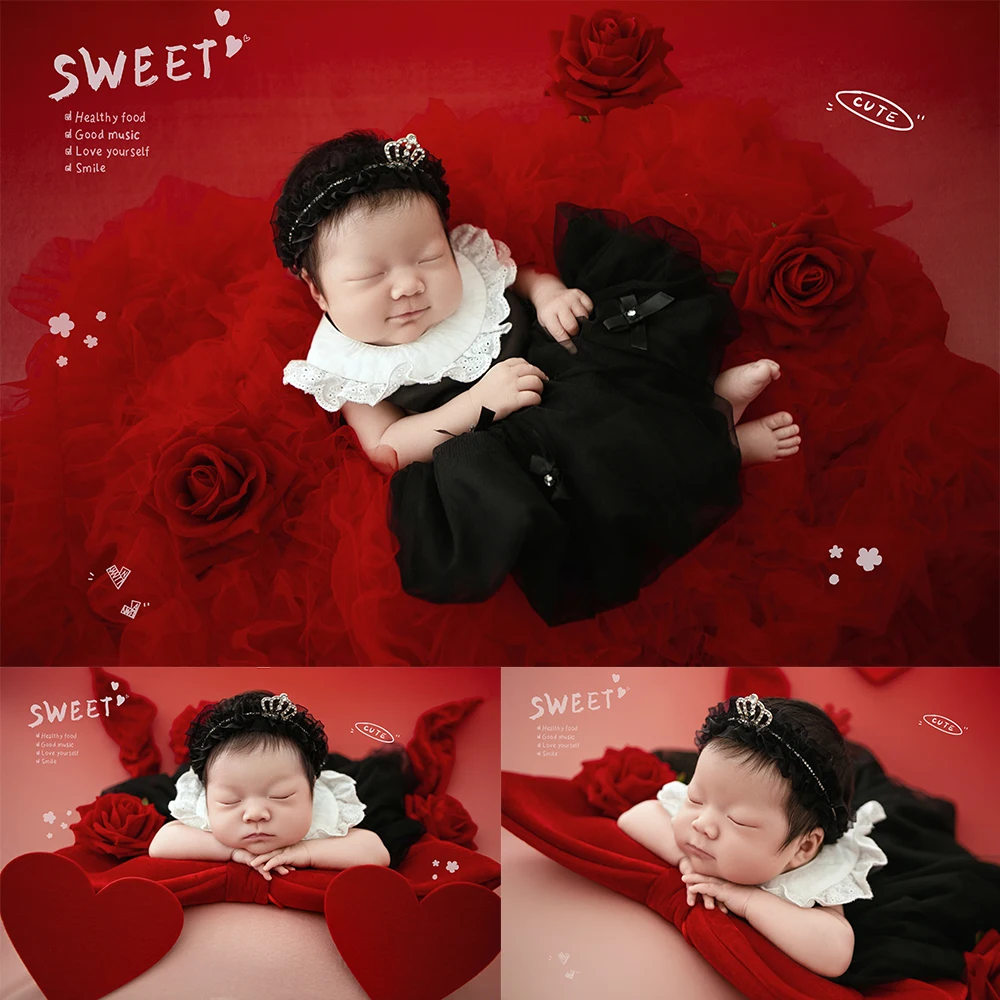 Newborn Photography Props Baby Girl Tutu Princess Dress+crown Headband Set Roses Bow Posing Prop for Studio Milestone Photoshoot