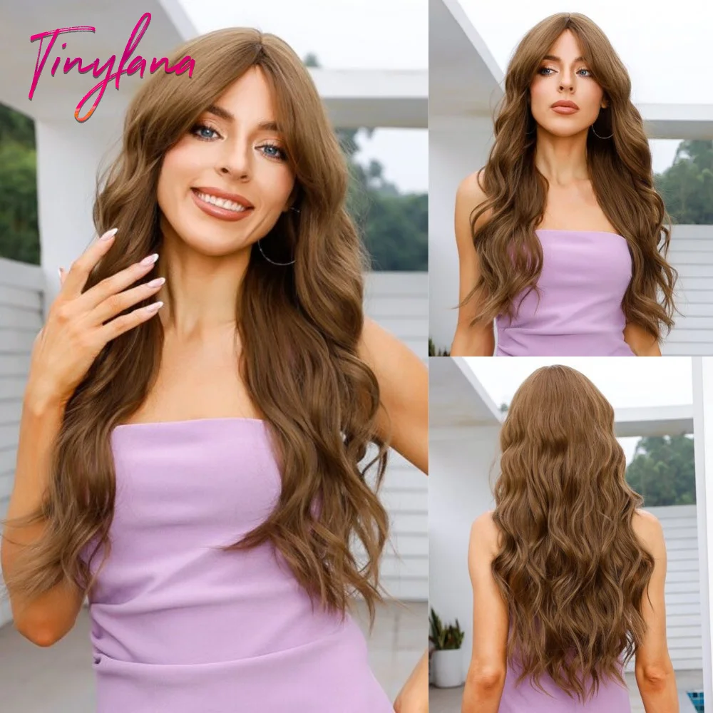 Curly Long Brown Synthetic Wigs with Bangs for Women Afro Chestnut Brown Deep Wave Cosplay Wig Daily Natural Hair Heat Reisitant