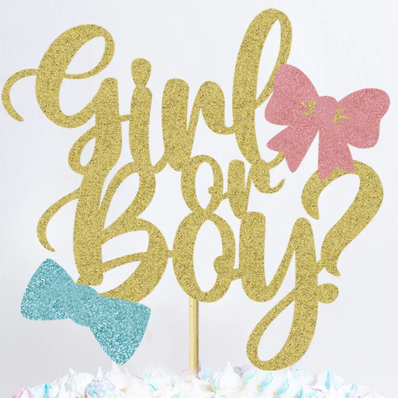 Gender Reveal Cake Topper Boy Or Girl Butterfly Bowtie Happy Birthday Party Baby Shower Cupcake Toppers Decor Baking Supplies