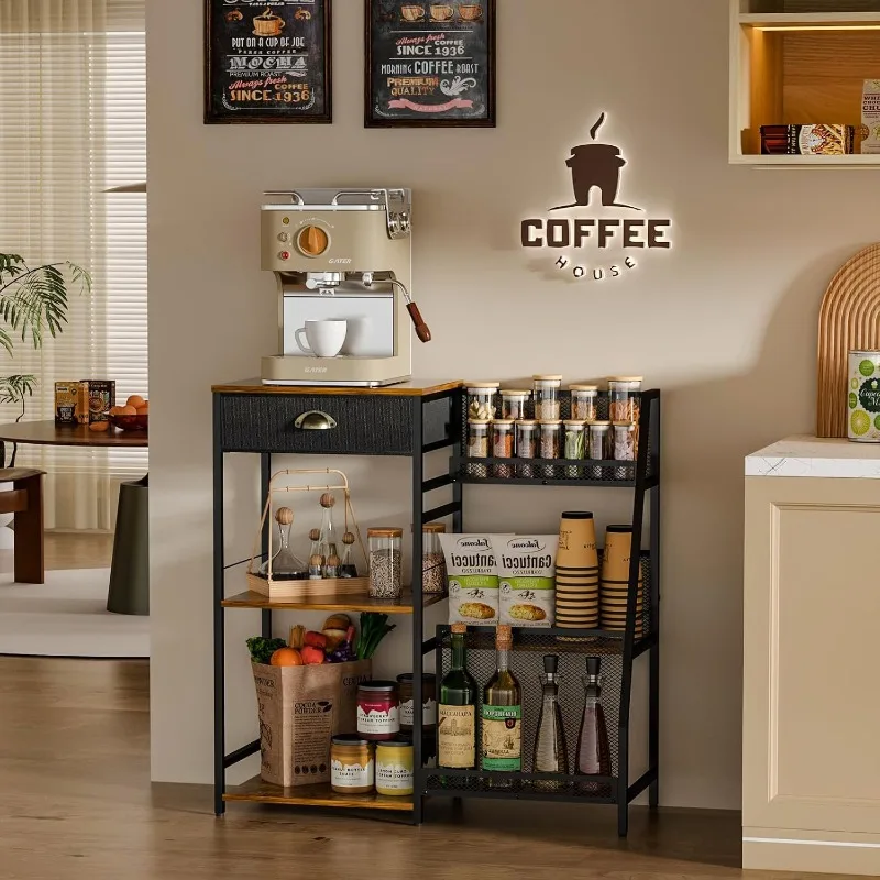 

Barista-Grade Coffee Station Organizer with Built-In Drawers Mid-Century Modern Kitchen Storage Shelf for Coffee Machine/Cups