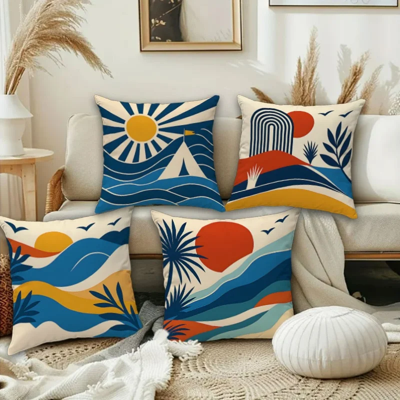 Boho Coastal Pillow Covers Mid-Century Modern Sun Wave Palm Art Decorative Throw Pillow Cases Tropical Home Decor Cushion Covers