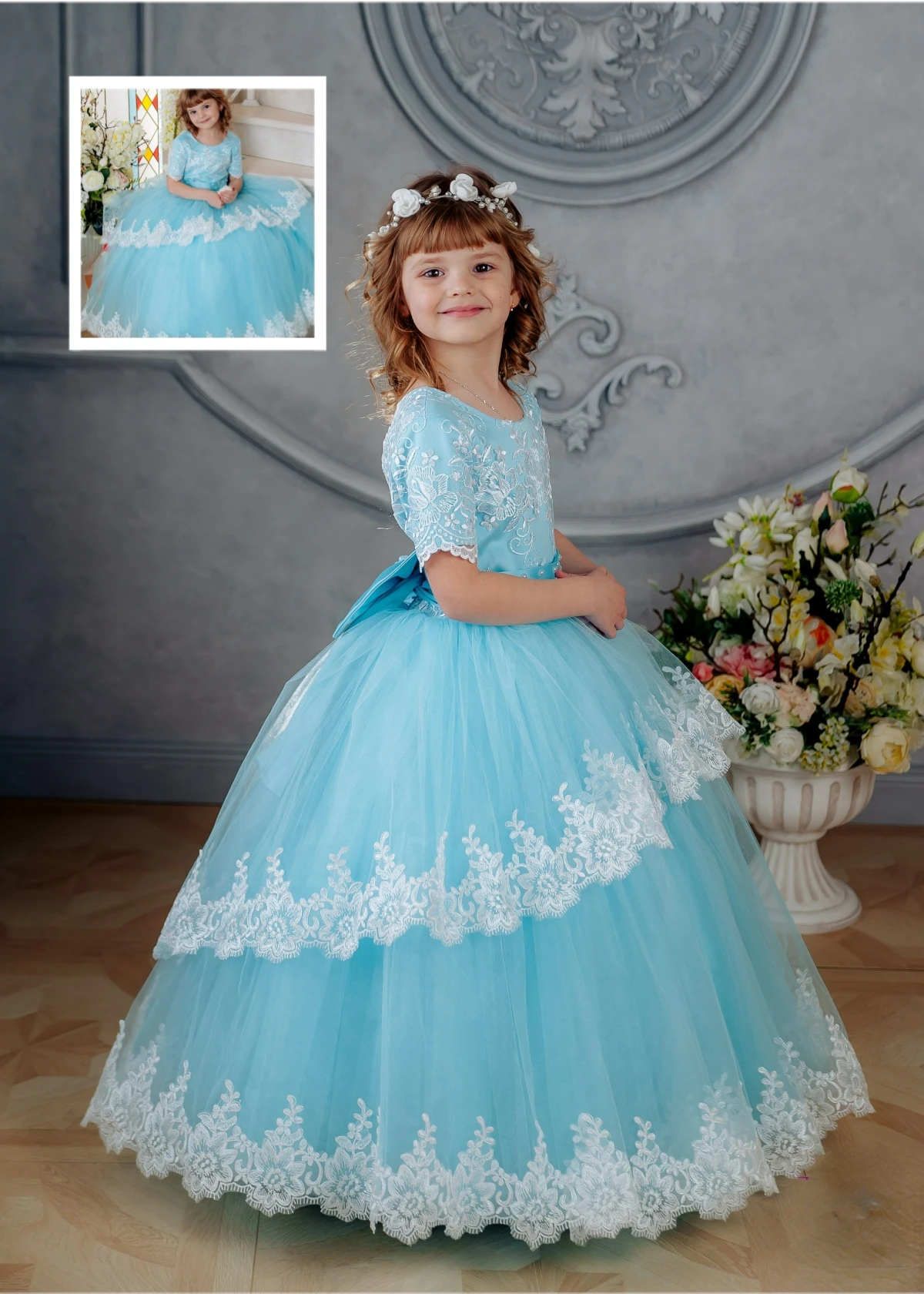 Flower Girl Dress Lovely Blue Fluffy Lace Printing Ball Little Princess Gown for Weddings Dresses Pageant Customised Gowns