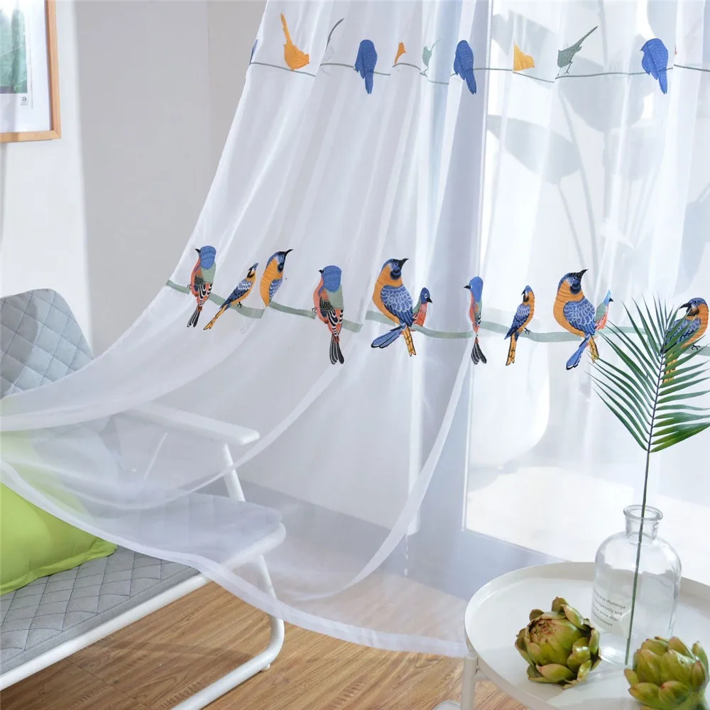 Embroidered Birds Curtains Tulle for Living Room  Linen Fabric Curtains Birds Cloth White Soild Voile Tulle WP432#HS