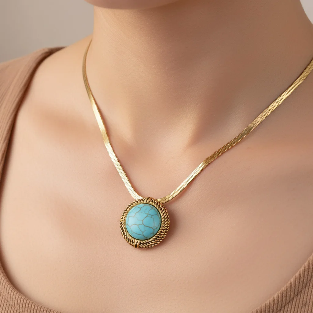 

Fashion 18K Gold Plated Turquoise Pendant Necklace with Blade Chain Women's Elegent Neck Charm for Daily Party Accessories