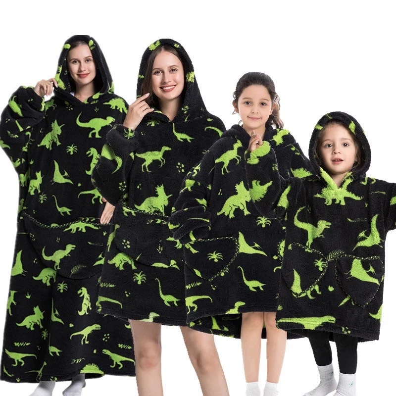 Oversize Winter Sherpa Blanket Plush Polar Fleece Family Matching Hoodie Girl Sweatshirt Homewear Avocado Animal Print Outwear