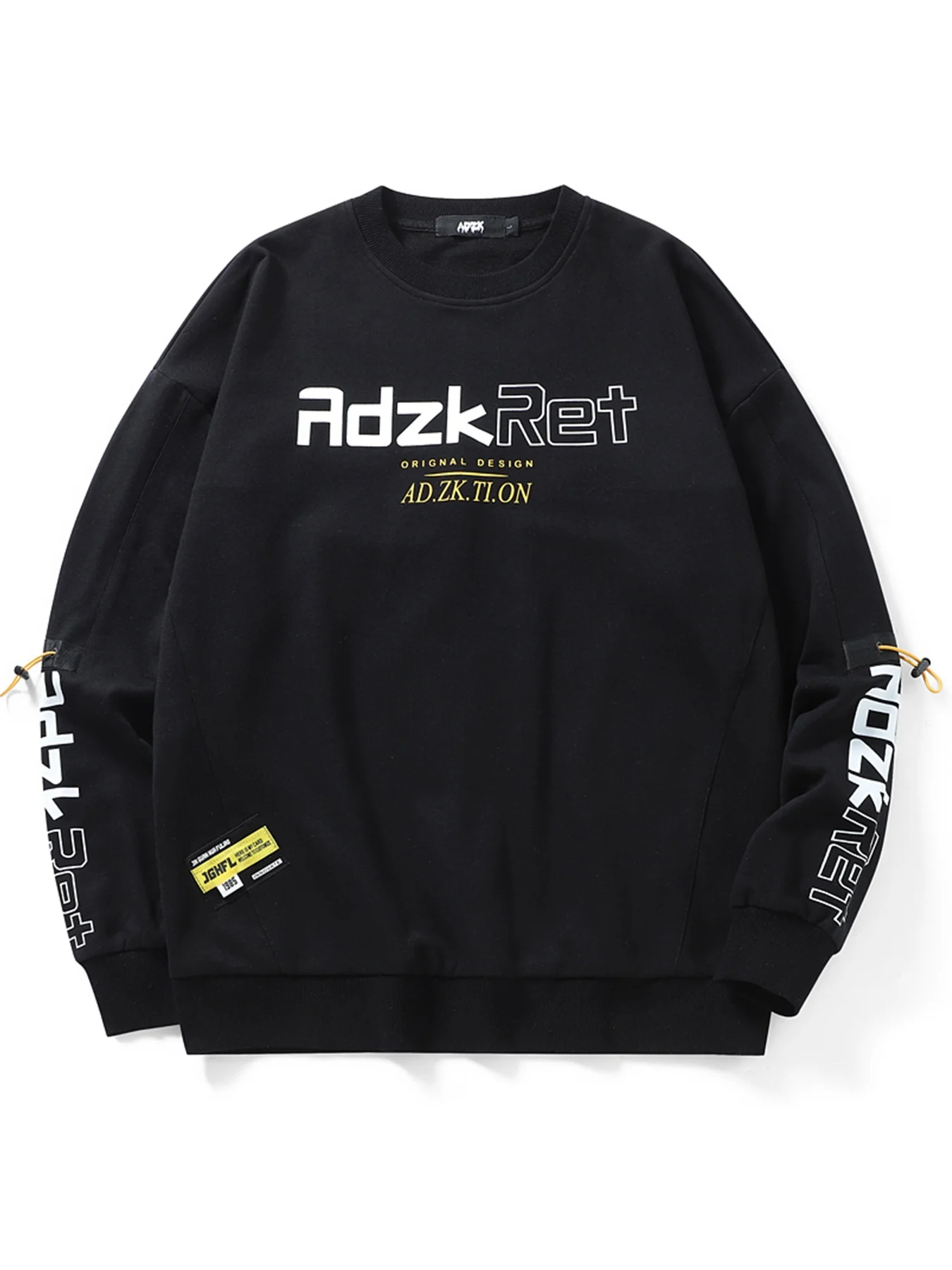 

Men's Casual Crewneck Sweatshirt - Black with White & Yellow ADZK RETIOT Graphic Print, Regular Fit