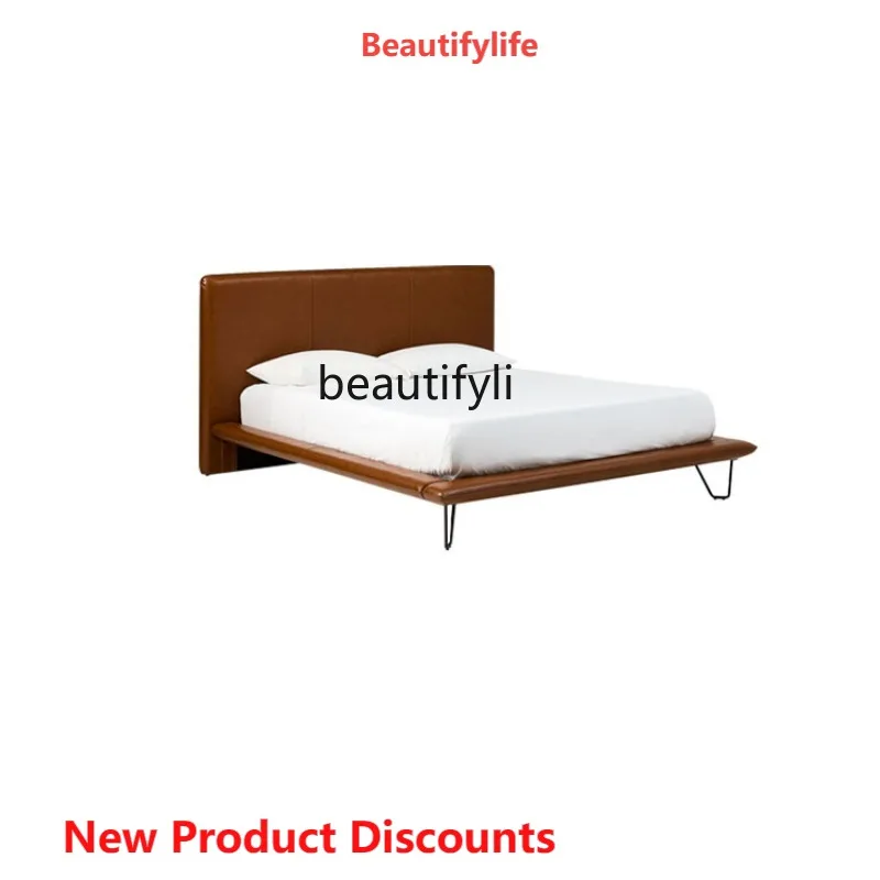 

Leather Bed Master Bedroom Chinese Style Italian Minimalist Bed Light Luxury Solid Wood Double Bed