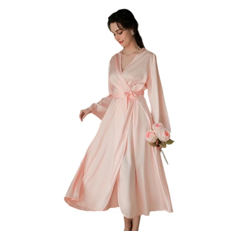 Lady Elegant Kimono Bathrobe Intimate Lingerie Silky Satin Nightwear Pink Wedding Robe Bride Moring Gown Sleepwear 5