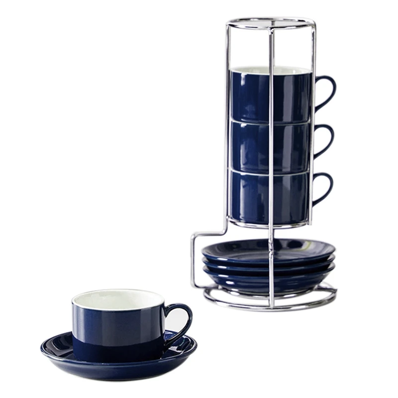 Porcelain Stackable Cappuccino Cups With Saucers And Metal Stand, Espresso Cups For Latte Coffee Cafe,Specialty Coffee