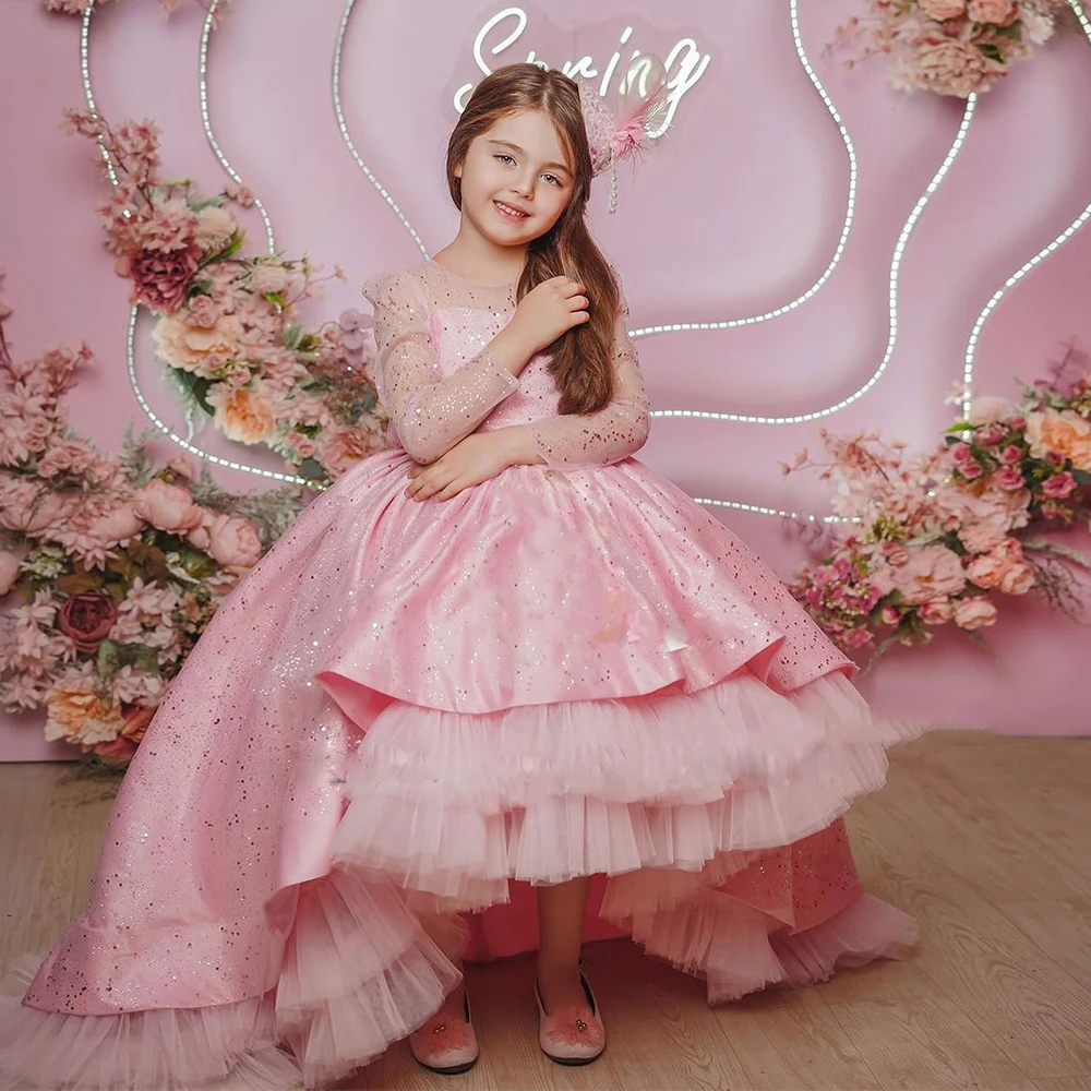 Vestido de niña de flores rosas para boda, cuello redondo, lentejuelas, tul con lazo hinchado brillante, vestidos de cumpleaños de primera comunión de princesa elegante