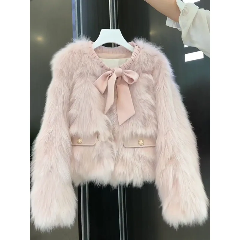 Women Pink  Eco-friendly Faux Fox Fur Short  Tassel Trim Designer  Ageing Jacket  Furry Top Warmth  Luxury Niche Jacket Women
