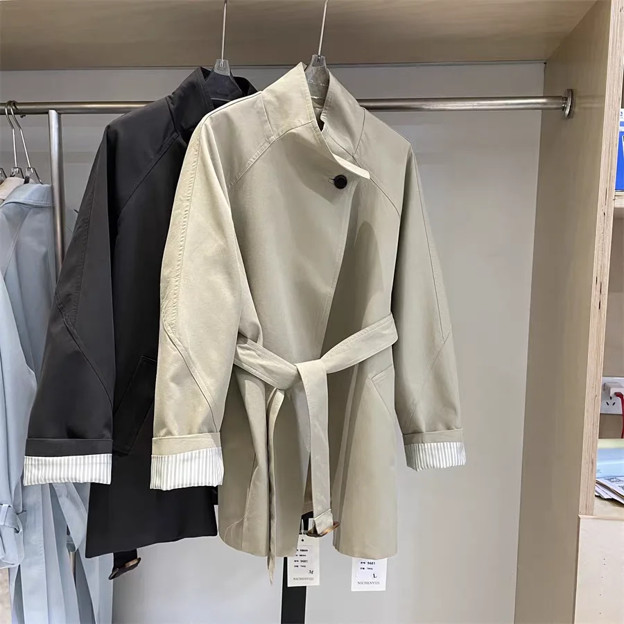 

Женское длинное пальто 2025, простое элегантное пальто с воротником-стойкой на одной пуговице, пояс для похудения, верхняя одежда длиной до колена, топ