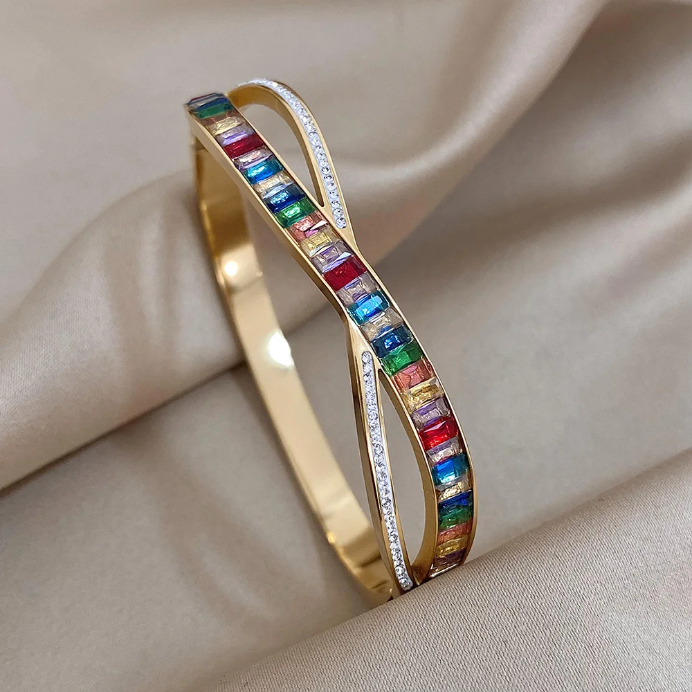 Trendy White Multicolor Zircon Intersect Stainless Steel Bangle Bracelets for Women Charm Wrist Bracelet Waterproof Jewelry