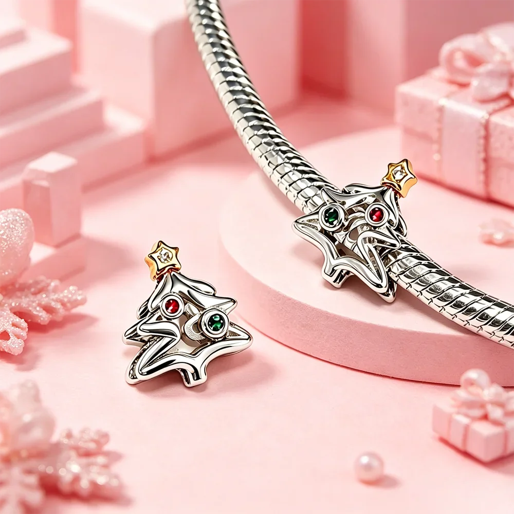 Original S925 Silver Christmas Charms Snowflake Xmas Tree Gingerbread Man Zircon Beads Fit  Bracelet Jewelry Gifts for Women