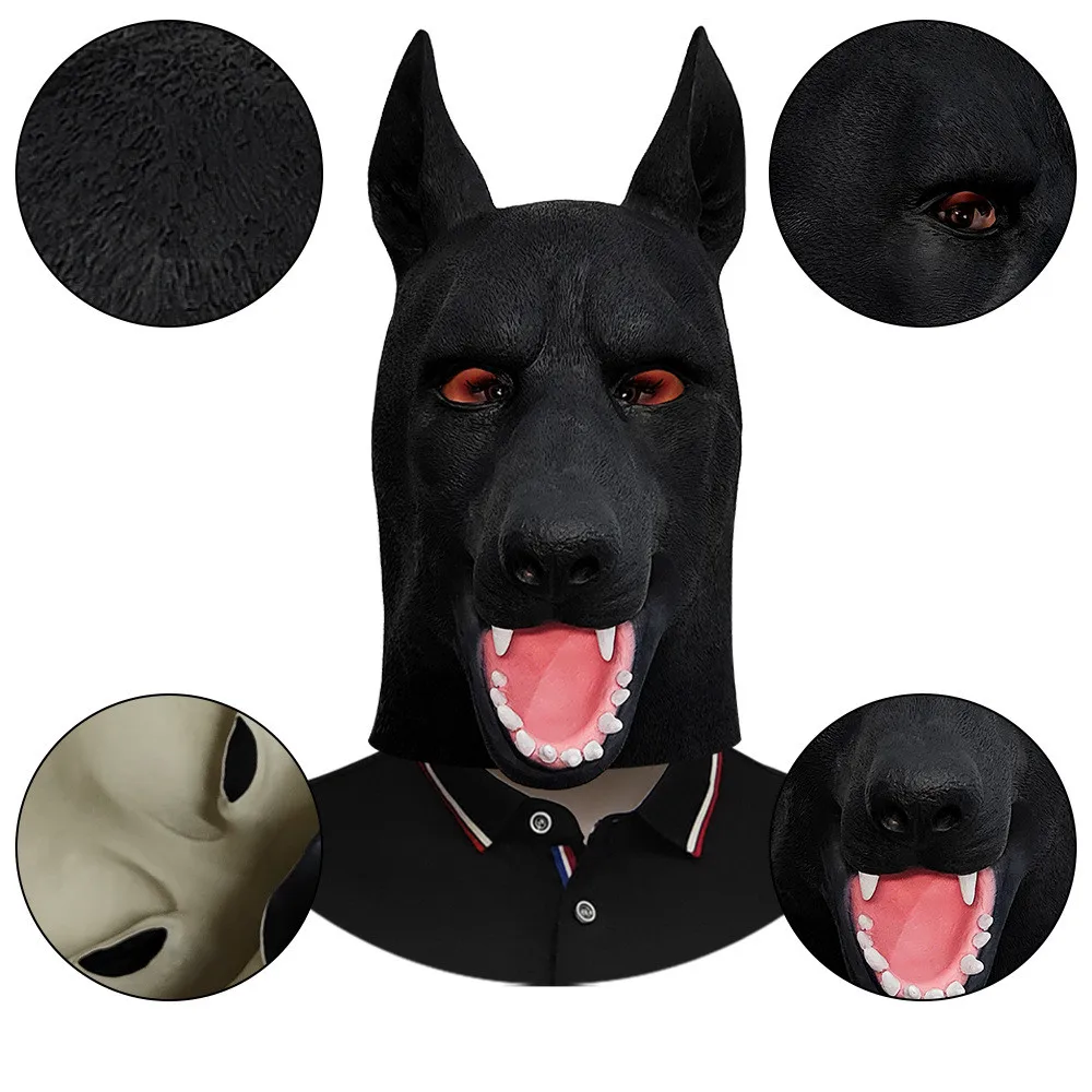 Schwarze Hundekopfmaske, Naturlatex Tierkostüm-Maske, Realistische Hundegesichtsmaske für Halloween-Party, Cosplay-Verkleidung – Detail 4
