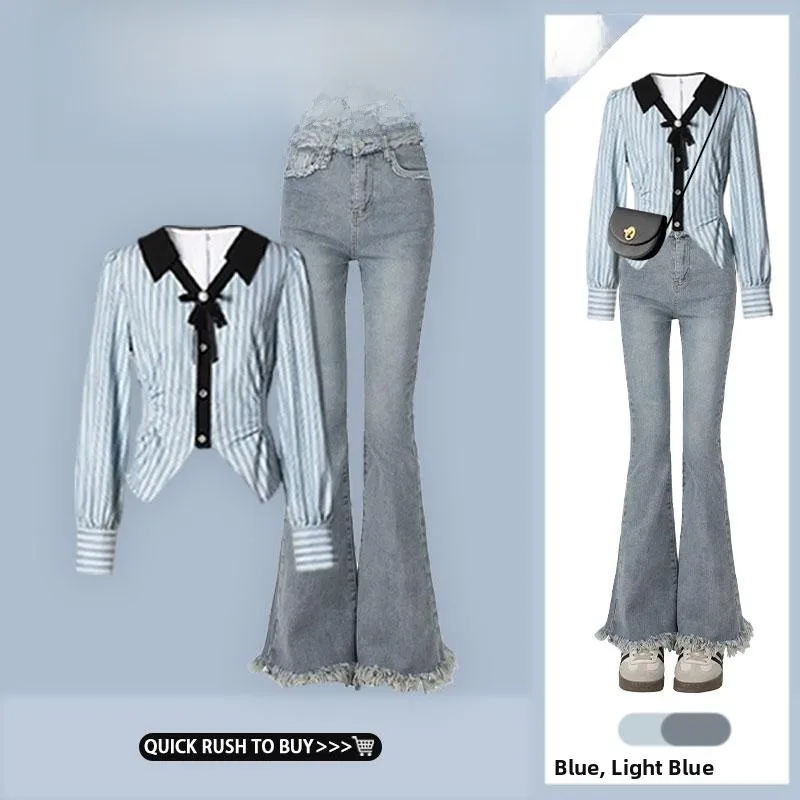 

Новый синий полосатый комплект с V-образным вырезом и бантом: джинсы с высокой талией и расклешенными штанинами, осенний модный женский костюм-двойка