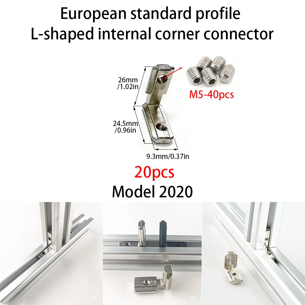 20-Piece Pack of L-Shaped Internal Corner Connectors and Screws of European Standard Aluminum Profiles (Model 2020).