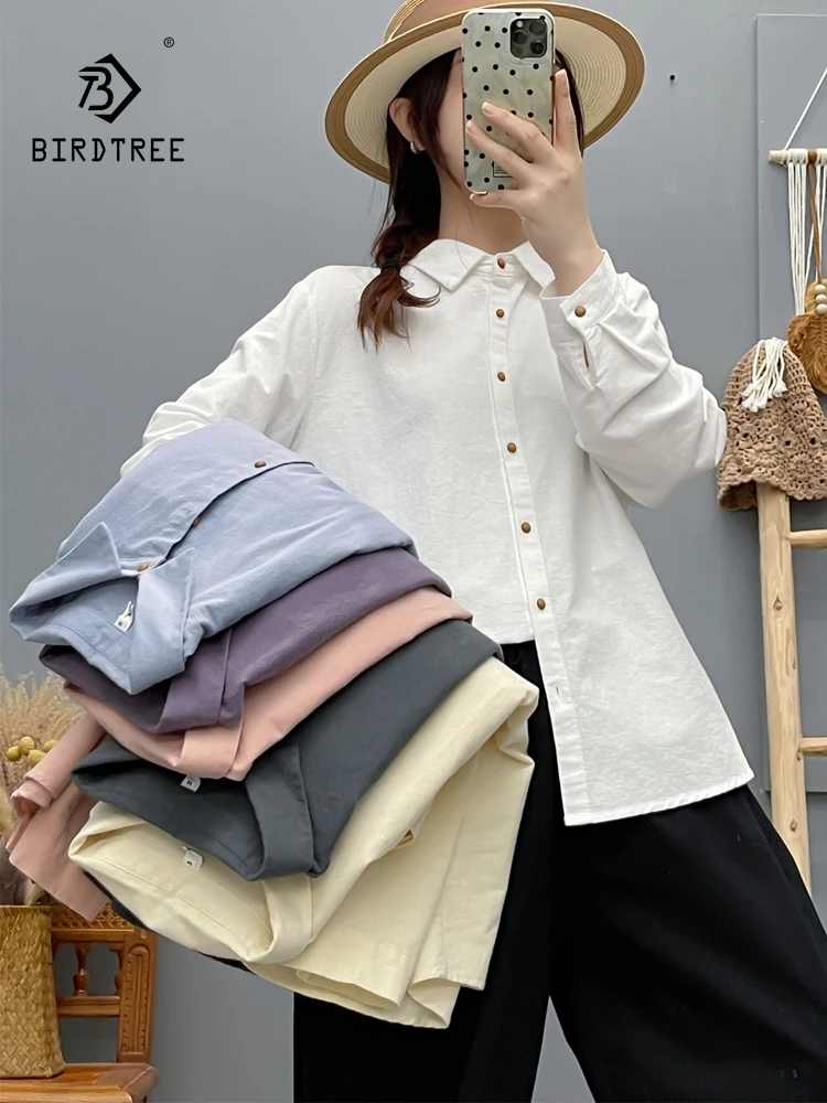 

New 2025 Autumn Cotton Long Sleeve Brushed Shirt, Women Turn-down Collar Solid, Mori Girl Fashion Casual Loose Blouse T5O822CC