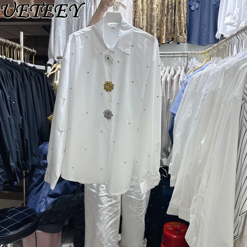 

Французская нишевая блузка с асимметричным воротником и стразами, отложным воротником, пышными длинными рукавами, цветочным принтом и однобортной застежкой, новинка весны 2026