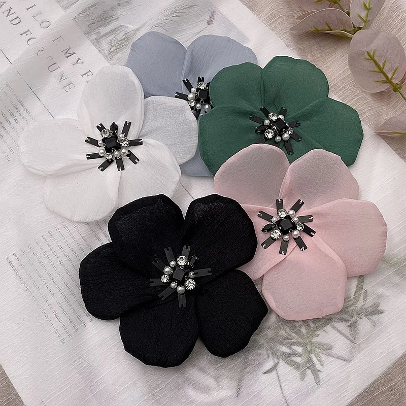 2PCS Hand beaded pearl chiffon flower cloth stickers corsage clothing shoes and hats decoration embellishment DIY headwear acces