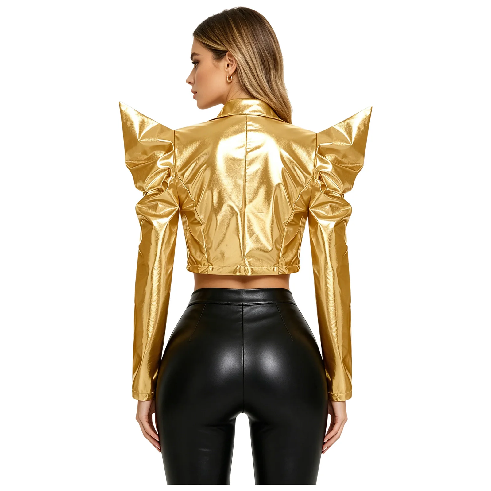 

Women Metallic Shiny Crop Jacket Singer Hip Hop Clubwear Dramatic Puff Sleeve Long Sleeve Open Front Lapel Crop Blazer Outerwear