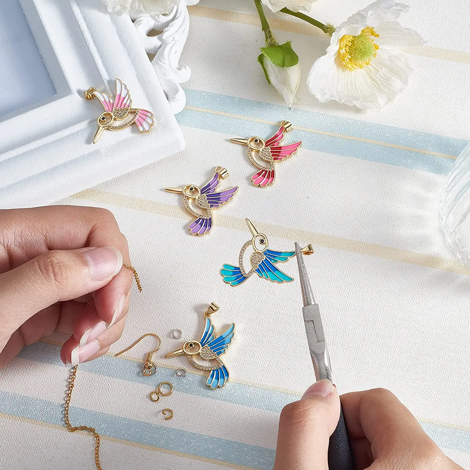 PandaHall 5 Pcs Random Colored Enamel Bird Charm Golden Cubic Zirconia Mini Animal Charms for Jewelry Making