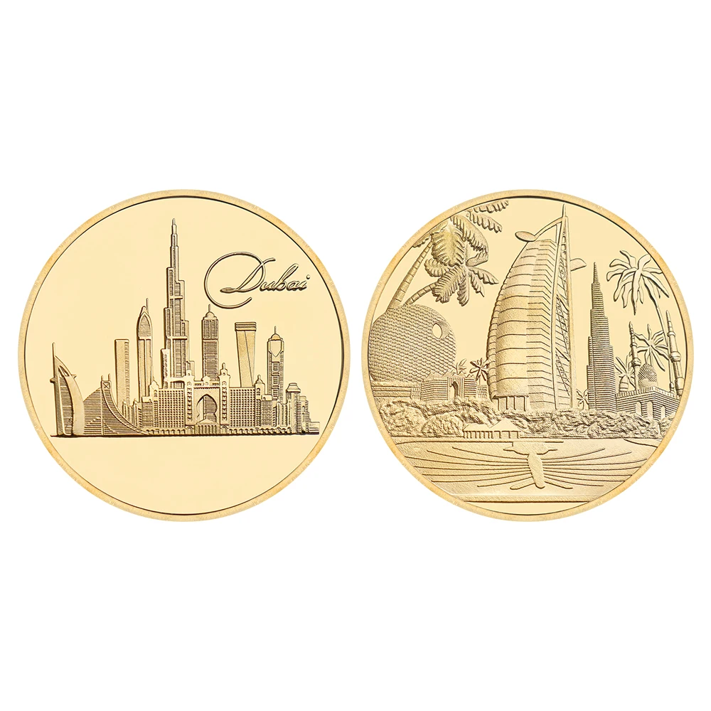 Moneda conmemorativa dorada de edificios emblemáticos de Dubái, Burj Al árabe, Torre Burj Khalifa, moneda de recuerdo, regalos de viaje para familias, 1 ud.