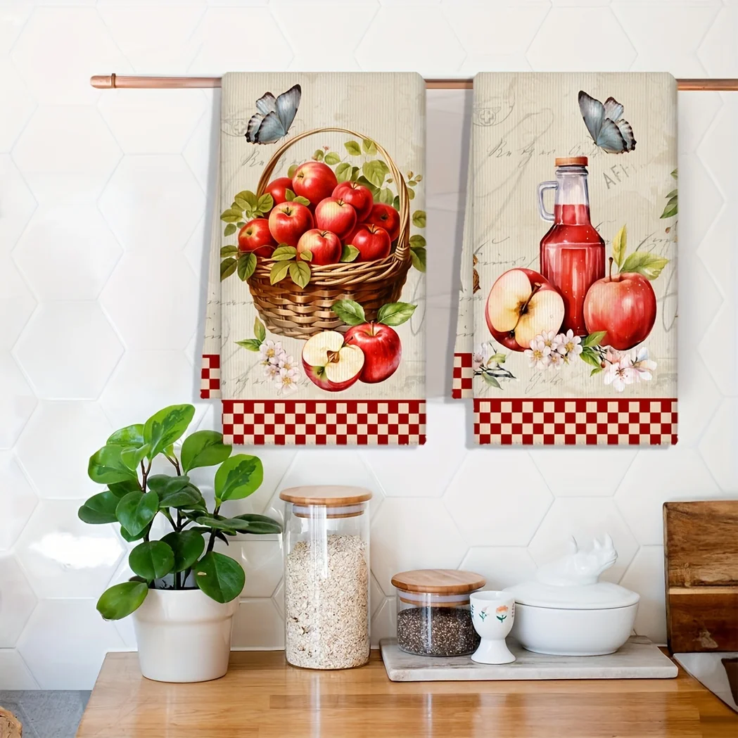 2pcs Apple Basket Kitchen Towel Set - 2D Print, Soft Absorbent Quick Dry, Ideal for Kitchen Dish & Hand Towels, Stylish Home Dec