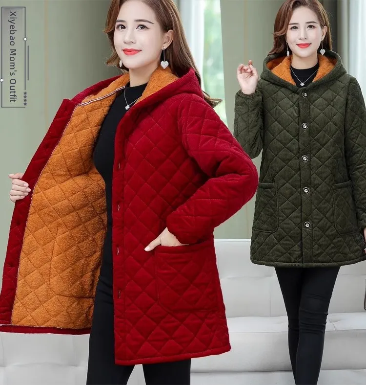 

Winter Thiened Fce Lined Cotton Jaet Women's Coat Medium Length Corduroy Outerwear plus Size Warm Hooded Coat