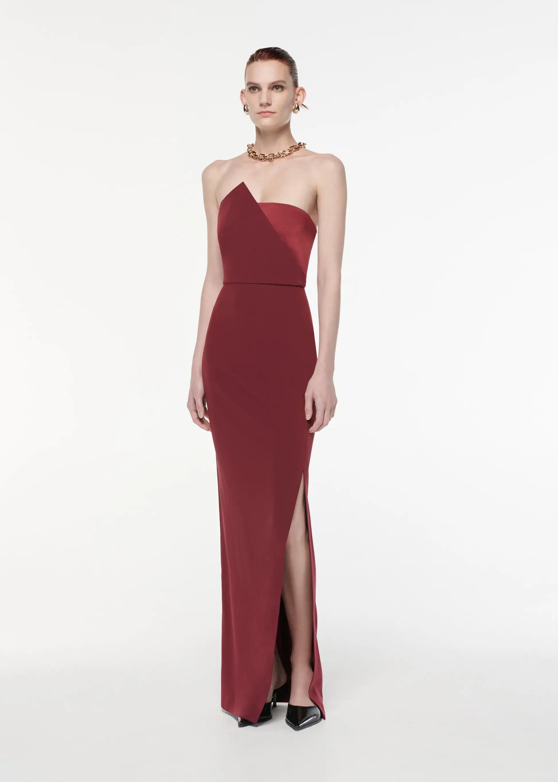 

Customized Temperament Jersey Red Evening Dress Fashion Strapless Straight Sleeveless Floor Length Zipper Back Celebrity Gowns