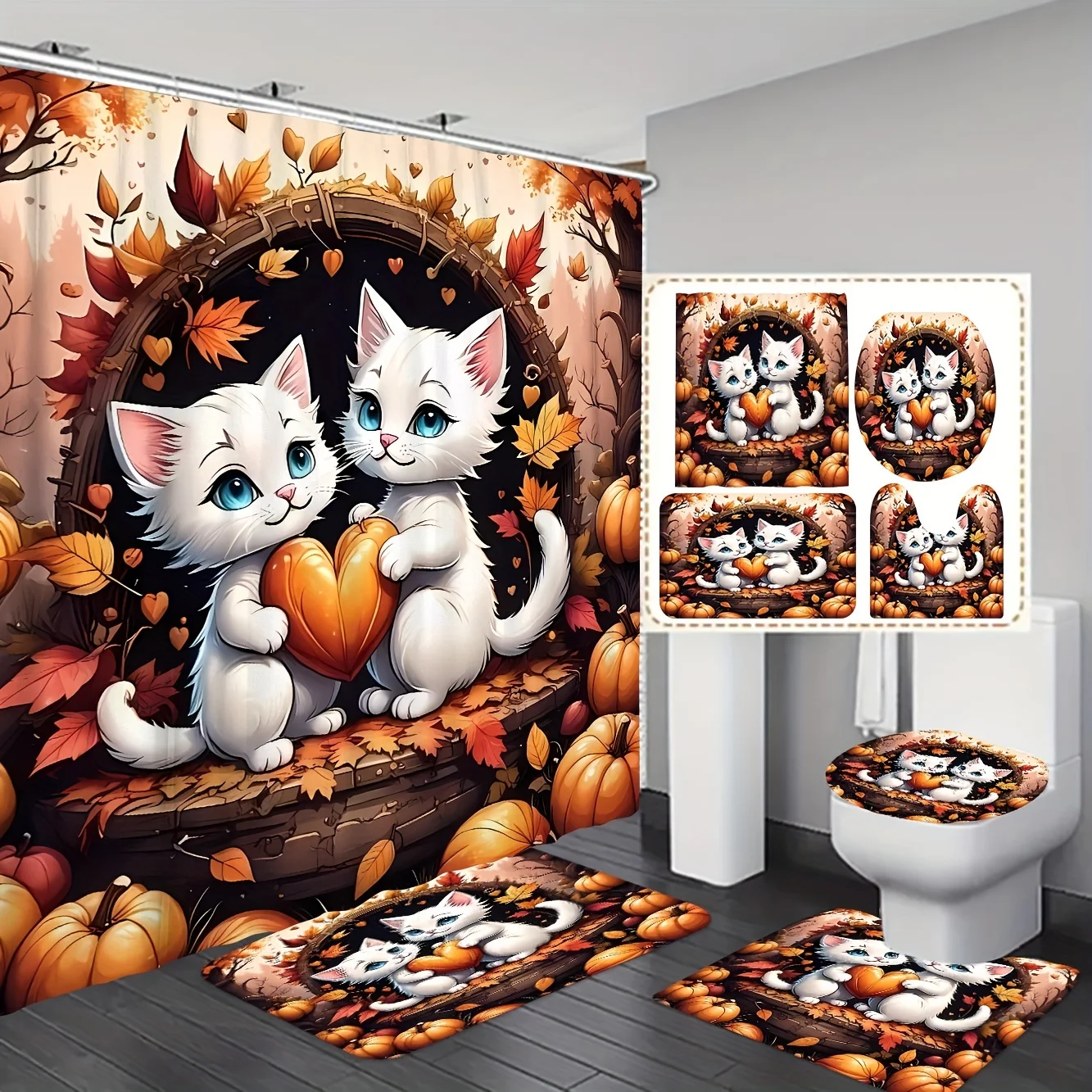 

Набор для ванной комнаты Autumn Cats: водонепроницаемая занавеска для душа, мягкий контурный коврик, стильная крышка унитаза, нескользящий коврик для ванны